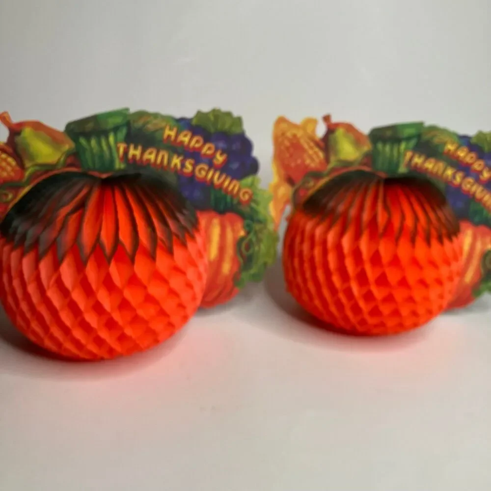 Happy Thanksgiving Honeycomb Crepe Paper Pumpkins Lot Of 2 Centerpieces